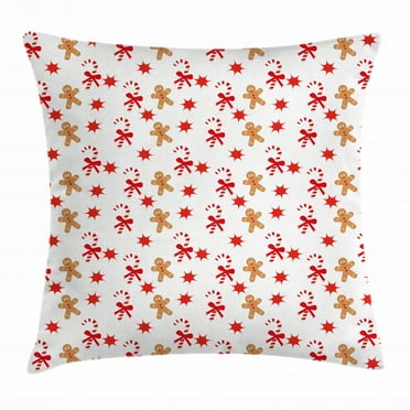 Gingerbread Man Throw Pillow Cushion Cover, Candy Cane with Bowties Red Star Figures Gingerbread Man Pattern, Decorative Square Accent Pillow Case, 16 X 16 Inches, Light Brown Red White, by Ambesonne