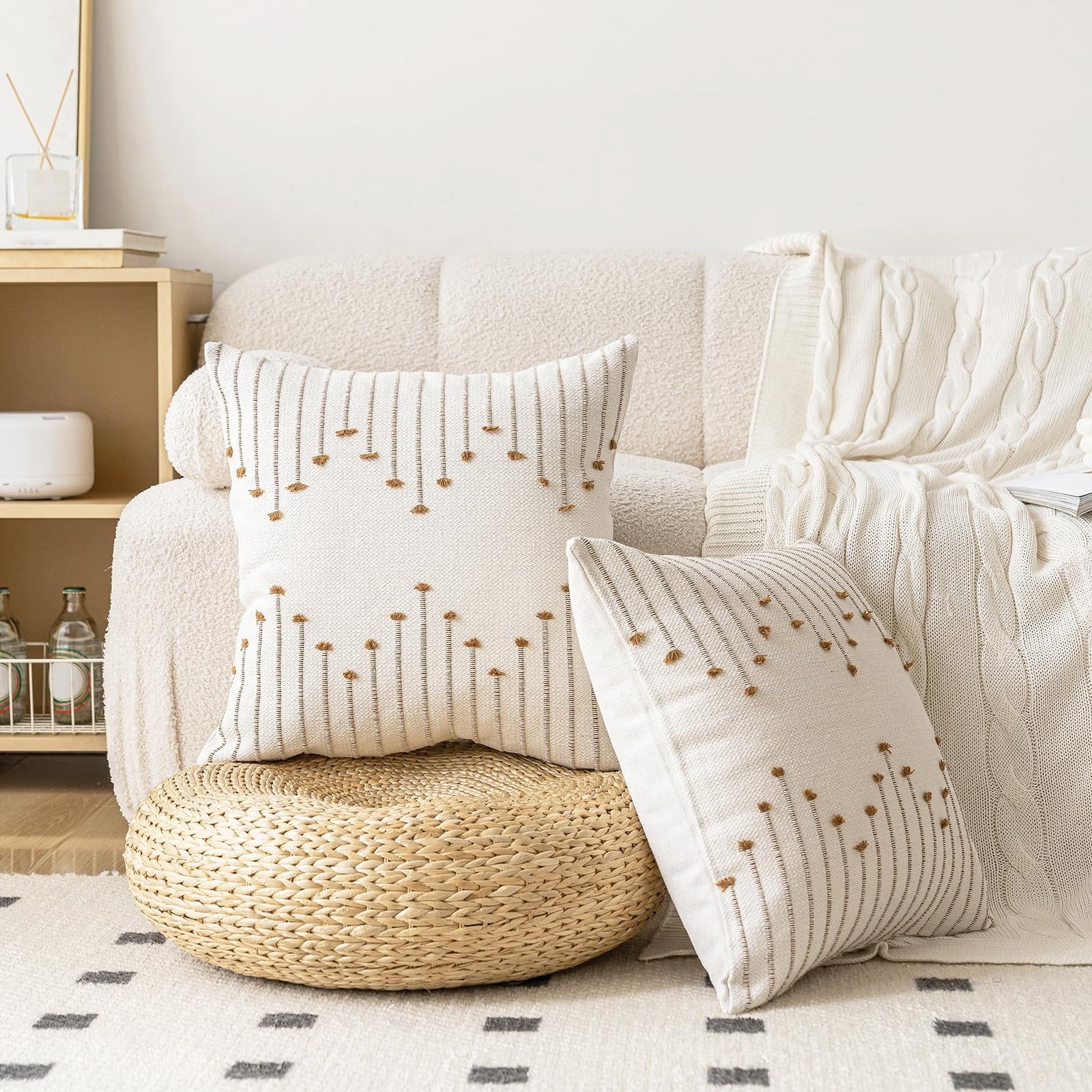 YWIYIUD Boho Throw Pillow Cover 18x18 Set of 2 NeutralDecorative Textured Cushion Case Farmhouse Pillowcase Unique LineDesign Throw Pillows for Modern Home Couch Sofa Living Room Decor