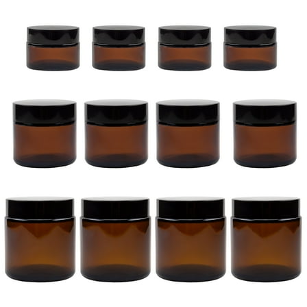 Cornucopia Brands 1, 2 & 4-Ounce Amber Glass Straight Sided Jars (Combo Pack, 4 Each / 12 Total); Great Containers for Cosmetics, Lotions, Body Scrubs & Balms