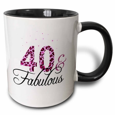 Girlfriend Bday Gifts 3dRose 40 and Fabulous - fun girly birthday gift - black and hot pink leopard print pattern bday diva text - Two Tone Black Mug, 11-ounce ()