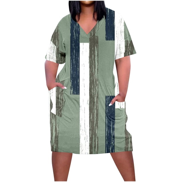 Vestido Corto de Verano Moda Grande Impresión de Manga Corta Cuello en V Bolsillo Mini Vestido para Casual Y Diario