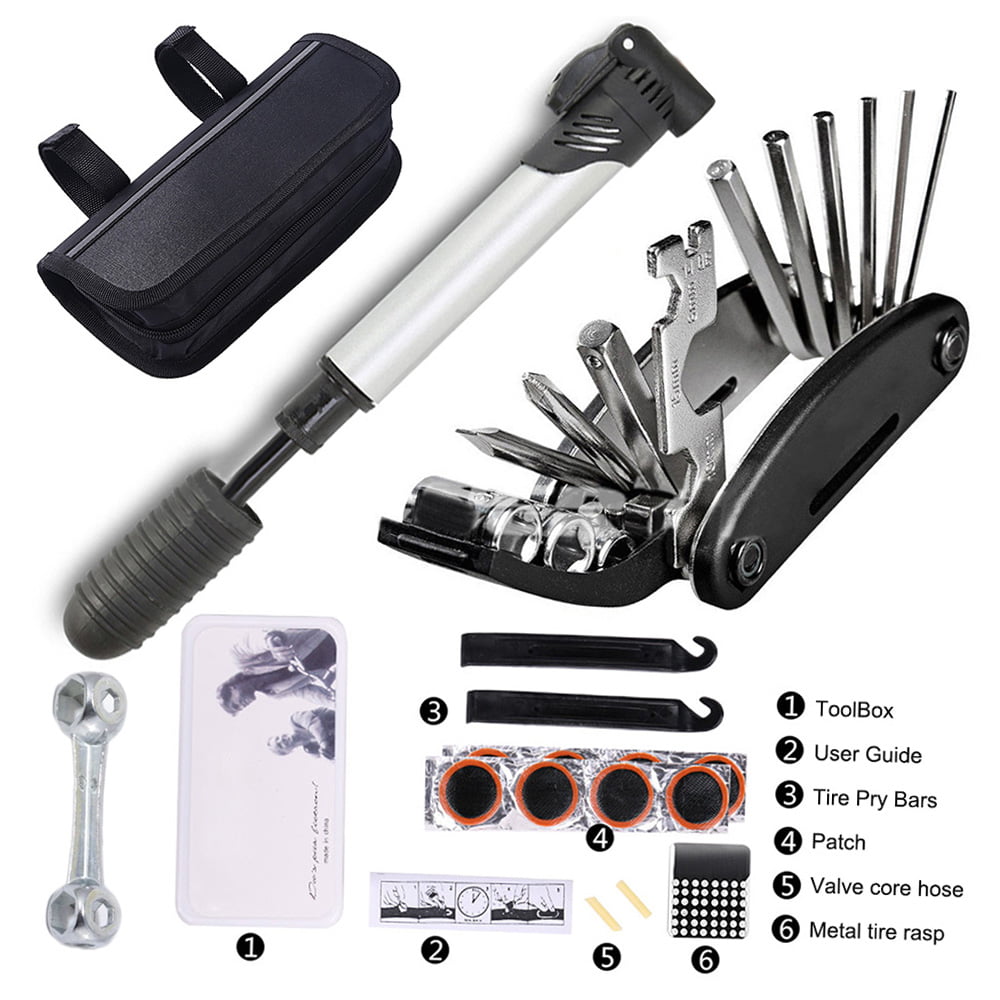Bike Tyre Repair Tool Kit 16 in 1 Multi-Function Bicycle Tool Kit with Mini  Pump, Cycling Mechanic Repair Tool with Tire Patch, Solid Wrench, Portable  Bag 