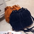 thumbnail image 5 of Anvazise Women Solid Color Fringe Tassels Drawstring Crossbody Shoulder Suede Bucket Bag Black One Size, 5 of 13