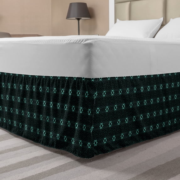 Stars Bed Skirt, Hand Drawn Triangles and Hexagons Lines Composition Oriental Illustration, Elastic Bedskirt Dust Ruffle Wrap Around for Bedding Decor, 4 Sizes, Turquoise Black, by Ambesonne