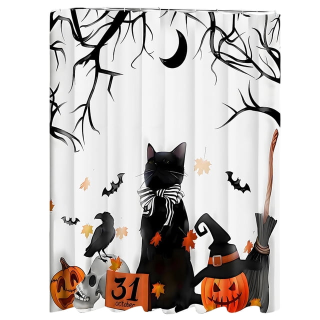 Cortina de ducha de Halloween con diseño de perro salchicha, calabaza, murciélagos, ramas y brujas, juego de cortinas de ducha con 12 ganchos, decoraciones para el baño