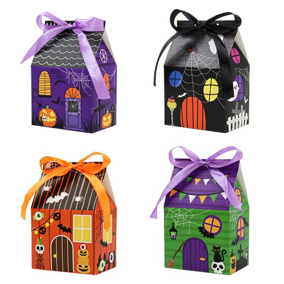 24-Pack Halloween Treat Boxes with Ribbons, 4 Assorted Haunted House Candy Favor Boxes for Party Gifts