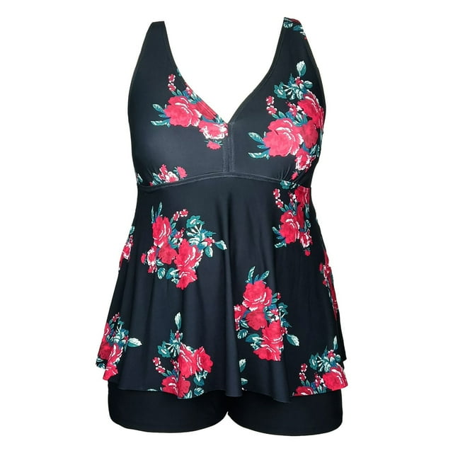 HAWEE Womens Plus Size Tankini Swimsuits with Shorts Two Piece Bathing Suit Floral Printed Swimwear