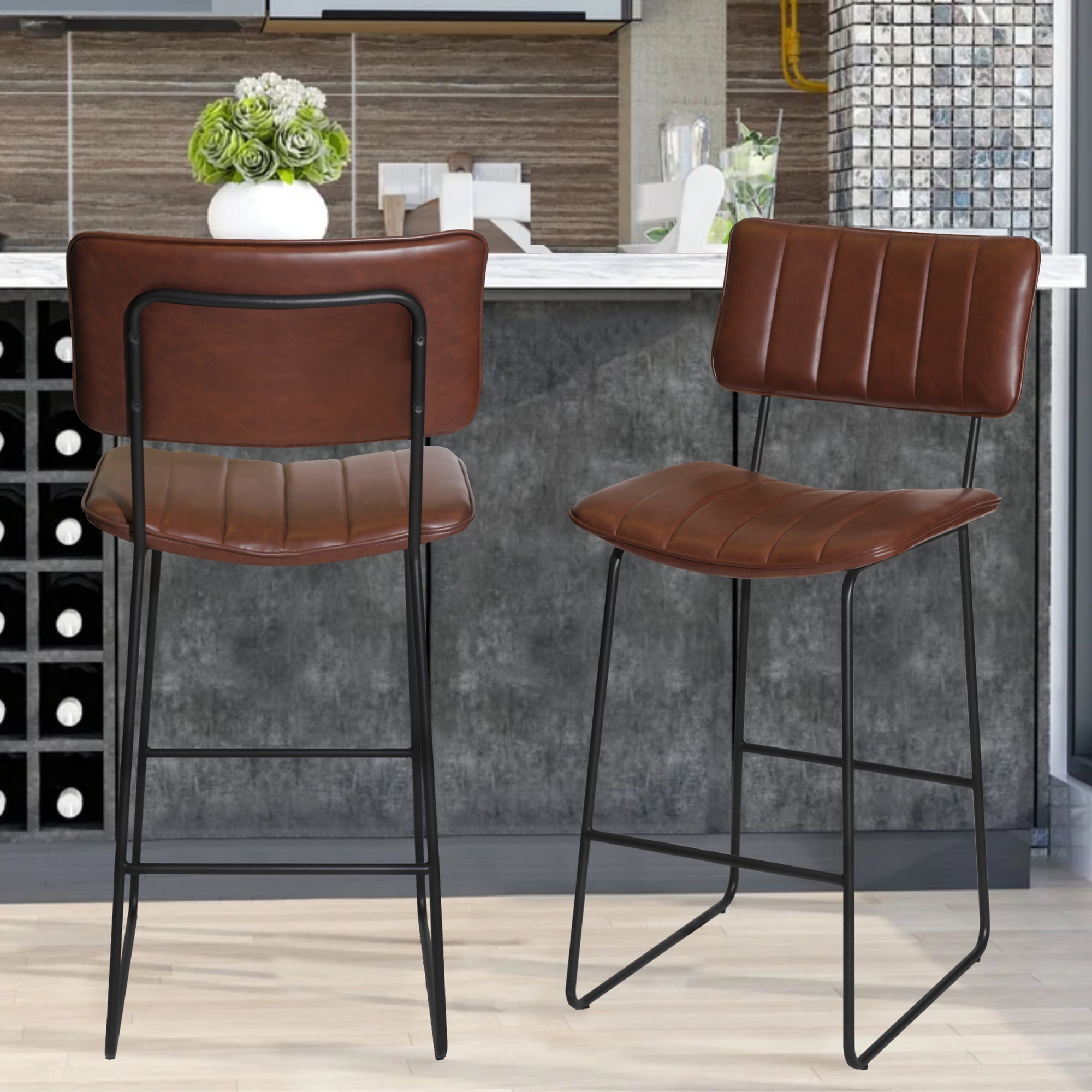 Steve Silver Tribeca Metal and Brown Faux Leather Commercial Grade Bar Stool
