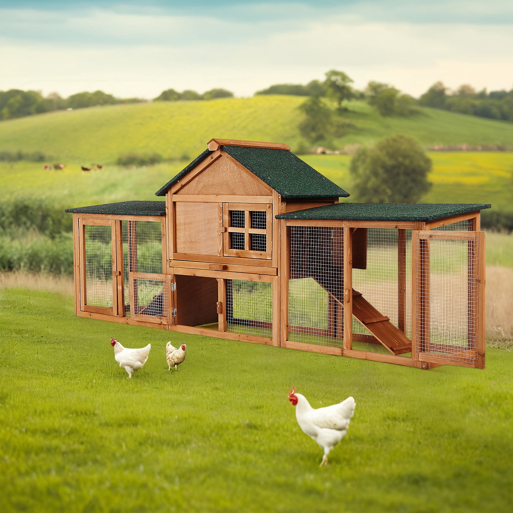 83" Large Outdoor Chicken Coop Rabbit Hutch with Run,Wood Poultry House with Removable Pull-Out Tray & Nesting Box, Weatherproof Small Animal Habitat Cage for Yard & Garden