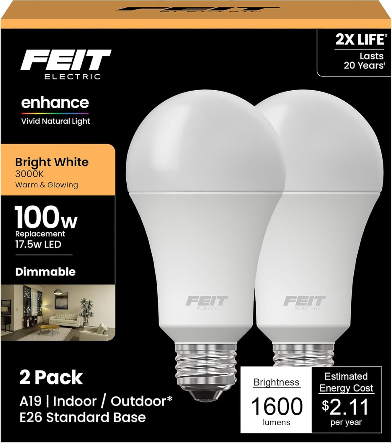 A19 100W Equivalent LED Light Bulbs, Dimmable, 3000k Bright White, 1600 Lumens, 22 Year Lifetime, E26 Base, CRI 90, UL Listed, Damp Rated, 2 Pack, OM100DM/930CA/2