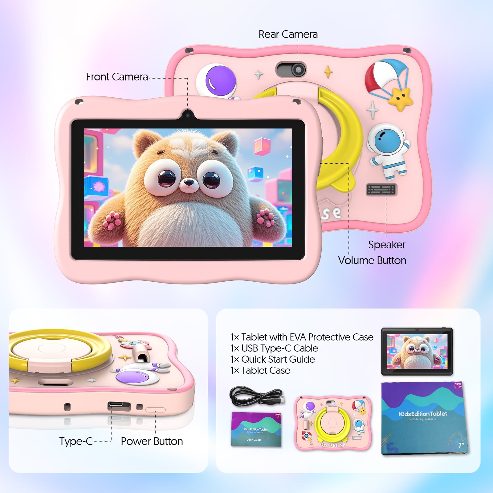 Kids Tablet, 7 inch Android 13 Tablet, Quad Core CPU, 4GB(2G+2G)RAM+32GB ROM, 1024 x 600 IPS, WiFi, Bluetooth, Pink