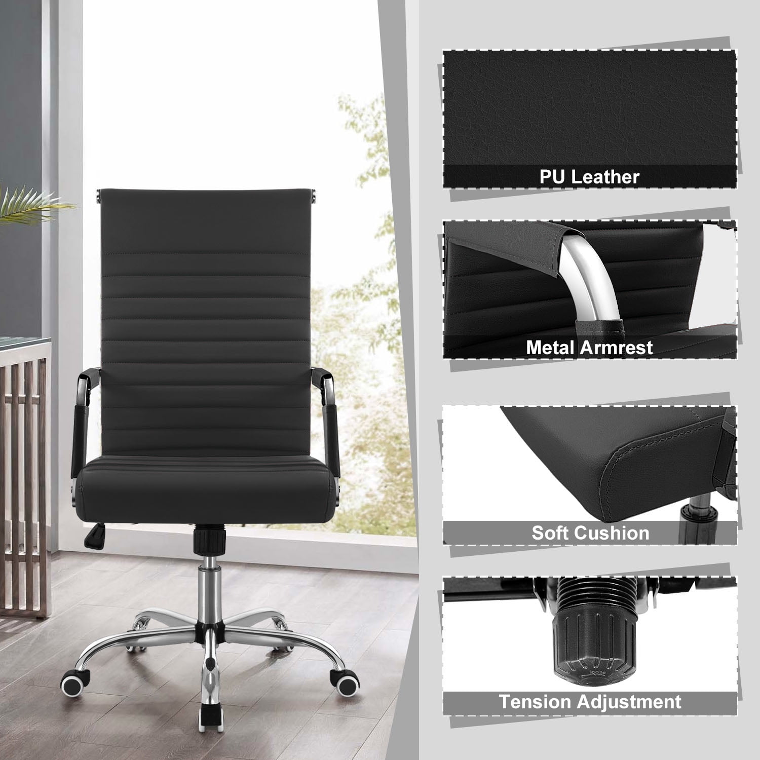 Lacoo Mid-Back Faux Leather Office Desk Chair Executive Conference Task Chair with Arms, Black