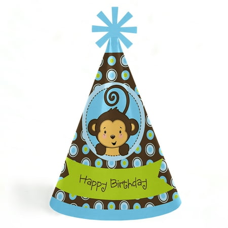 Happy Monkey - Monkey Boy - Cone Happy Birthday Party Hats for Kids and Adults - Set of 8 (Standard Size)