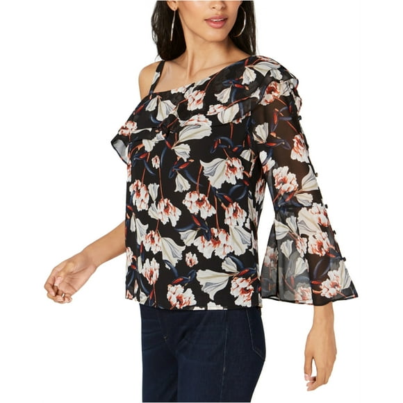 I-N-C Womens Asymmetric Floral One Shoulder Blouse, Black, PL