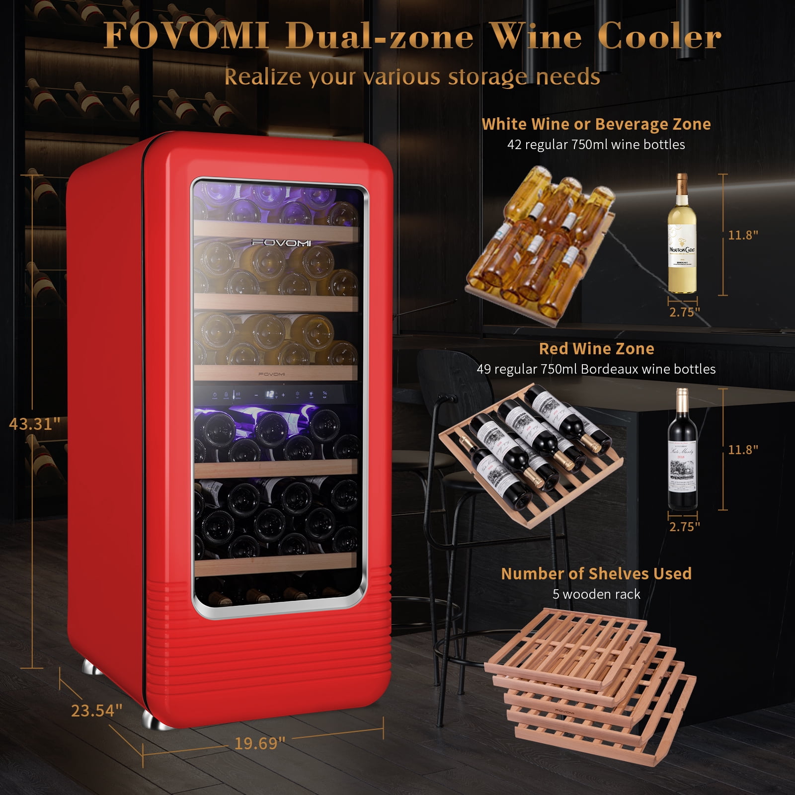 FOVOMI Wine Fridge,91-bottle Wine Cooler Refrigerators Beech Wooden Shelves Dual Zone Large Wine Beverage Freestanding Cellar(Red)