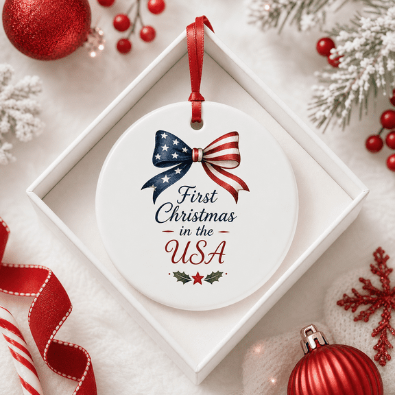 Christmas Ornament First Christmas in the USA Round Hanging Keepsake for New American Home