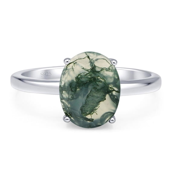 Natural Green Moss Agate Size-5 Art Deco Oval Solitaire Ring Classic Vintage Style Wedding Engagement Ring 925 Sterling Silver Gifts For Her