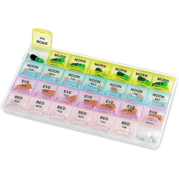 Pill Organizer - Large Pill Organizer with Weekly and Daily 4-Times-A-Day Compartments for Morning, Noon, Evening, Night - BPA-Free, Portable and Travel Friendly Pill Boxes Case
