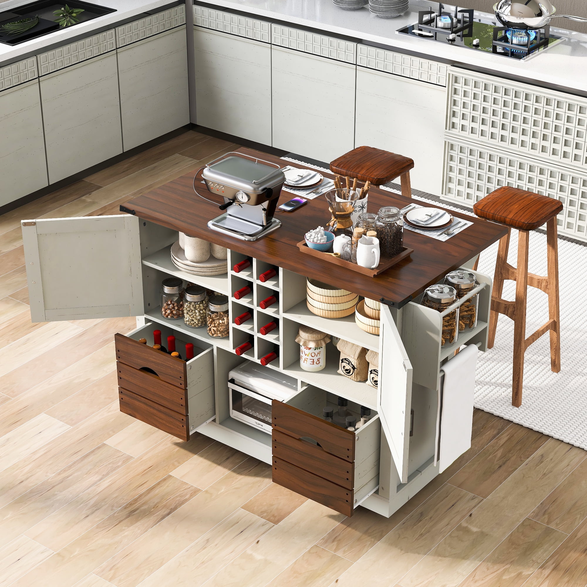 Euroco 54" Farmhouse Kitchen Island with Drop Leaf, Power Outlet, Kitchen Storage Cart with 2 Doors, 2 Drawers, Rolling Kitchen Island on 4 Large Wheels with Spice Rack