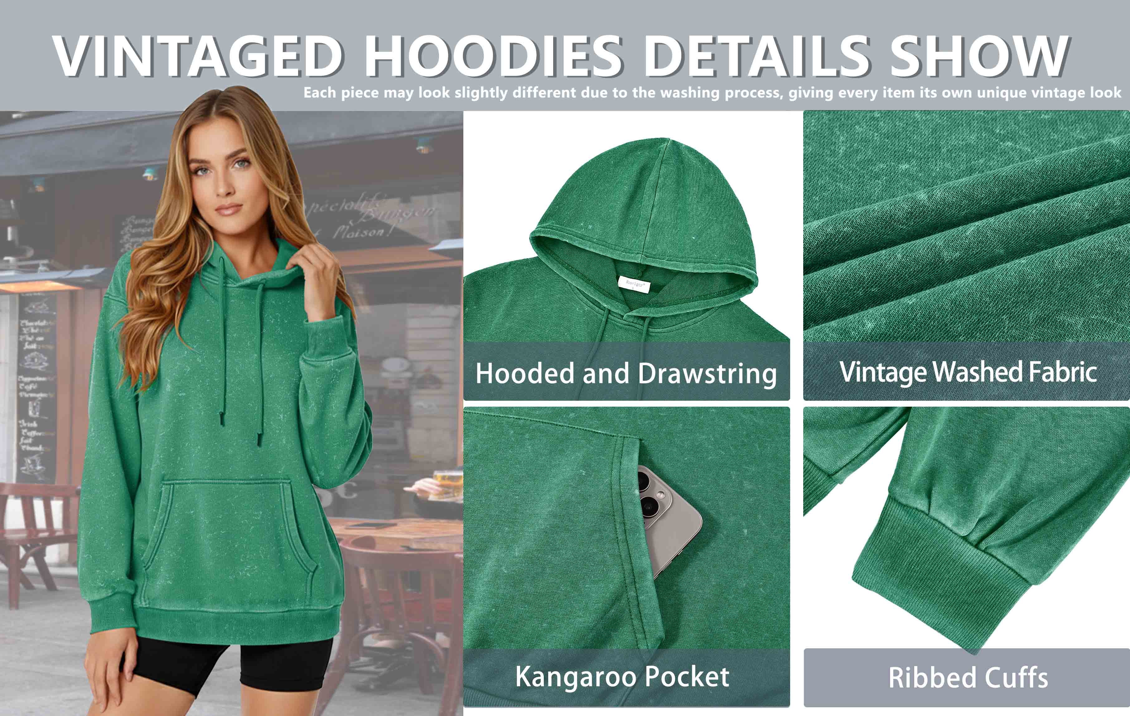 Rosvigor Vintage Hoodies for Women Acid Wash Hoodies Women Oversized Pullover Tops Streetwear Sweatshirts with hooded