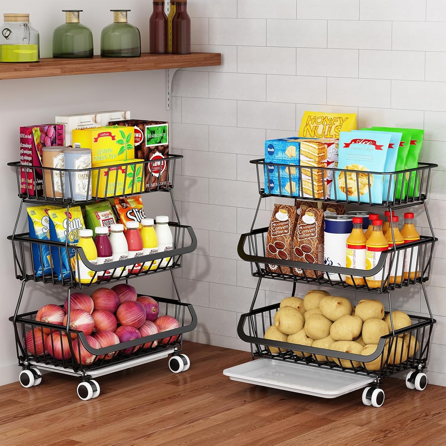 3-Tier Rolling Pantry Floor Organizer, Stackable Pantry Storage Cart with Wheels, Metal Wire Pantry Baskets, Kitchen Fruit Basket Onions Potatoes,1 Pack