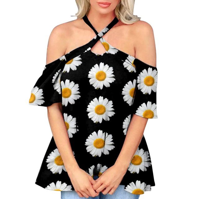 Tops Para Mujer Blusa Informal Elegante Camisas Con Hombros Descubiertos Cuello Halter Cruzado Erógeno Manga Corta Impreso Túnica Elegante Odeerbi ODB164774