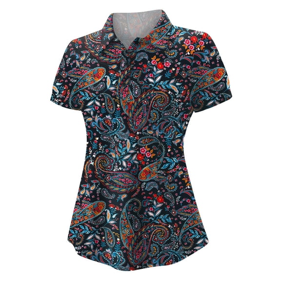 XIAONU Womens’ Paisley Print Polo Shirt Short Sleeve Collared Slim Fit Vibrant Pattern Casual Daily Polos