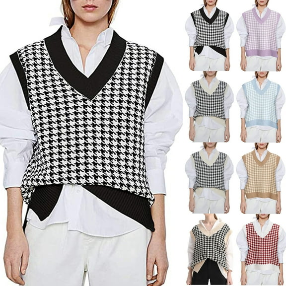 Ogiraw Womens Sweater Vest Women Casual Print Sleeveless V Neck Ribbed Knit Split Pullover Sweater Vest Blouse Womens Puffer Coat A L