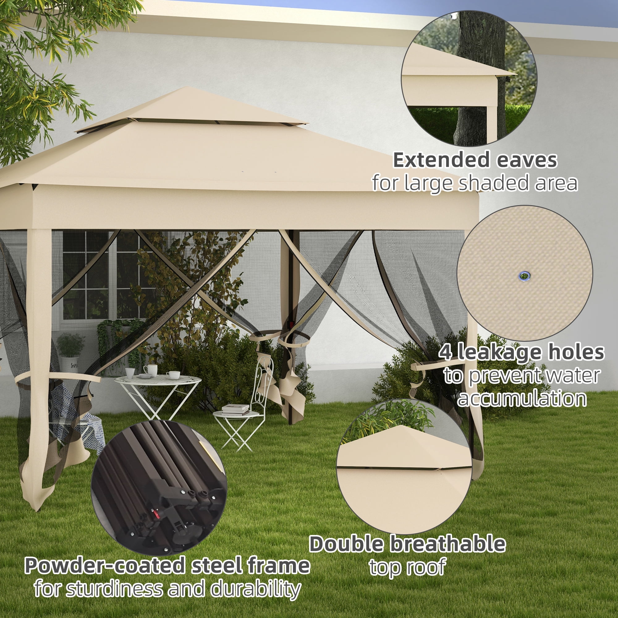 Outsunny 10.7' x 10.7' Pop Up Gazebo Outdoor Canopy Shelter with 2-Tier Soft Top & Removable Zipper Netting, Event Tent with Large Shade, Beige