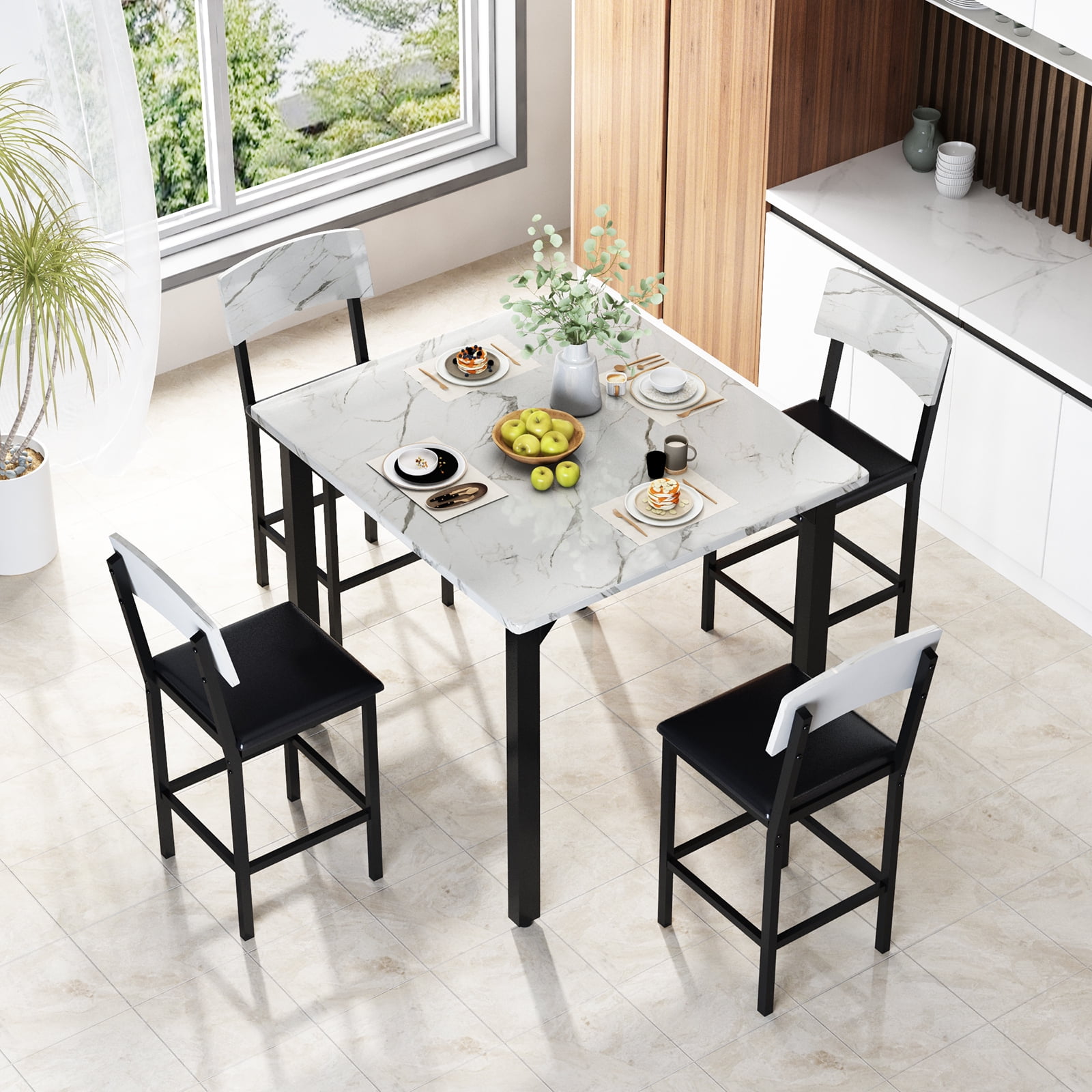 Baxluxe Dining Table Set for 4, Faux Marble Desktop Kitchen Table with 4 Upholstered Dining Chairs, Modern Dining Room Table Sets for Small Space, Apartment, White