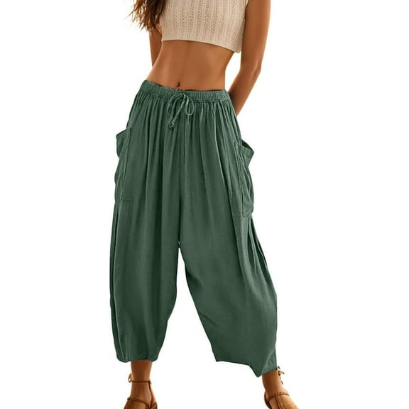 Women's Flowy Linen Pants Casual Wide Leg with Drawstring Pockets Summer Trousers 2024 Hippie Pants