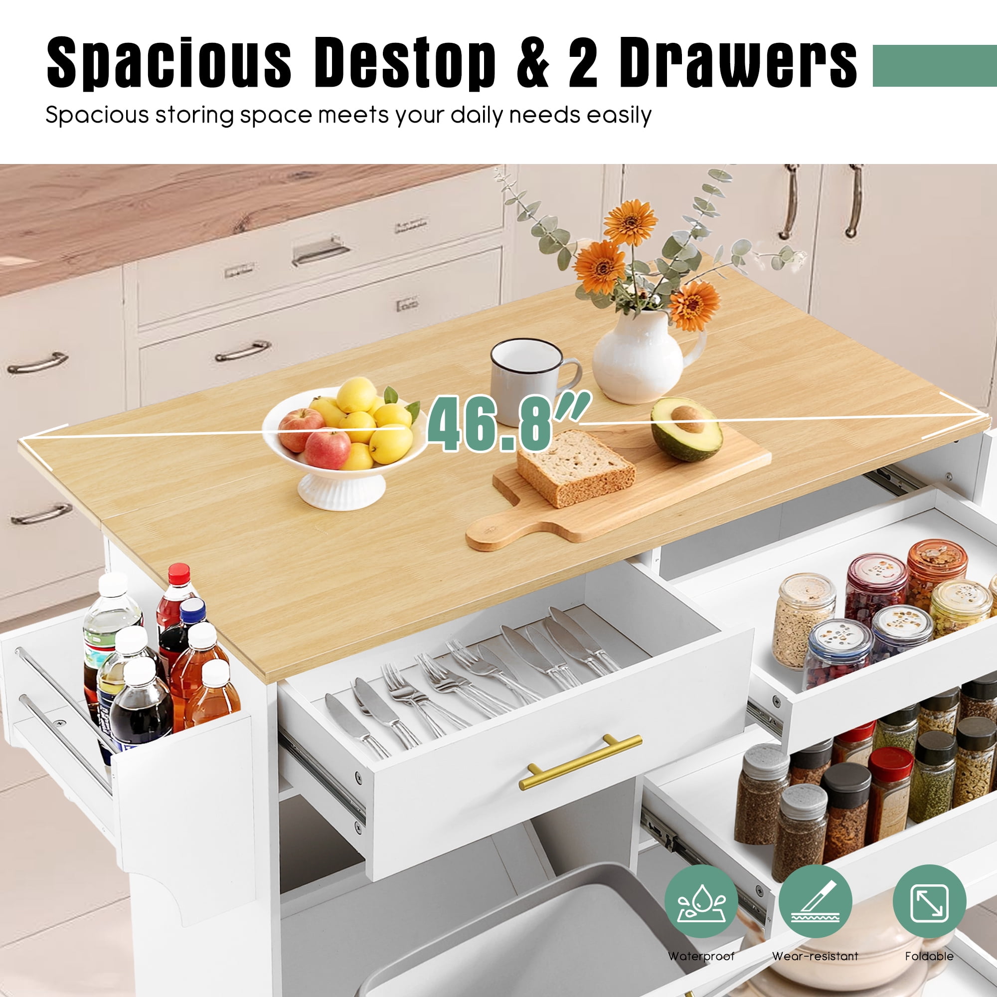 Haverchair 39.7" Kitchen Island with Drop Leaf and Storage Cabinet, Mobile Kitchen Rolling Bar Cart with Trash Can Cabinet and Drawer, Modern Island Table for Kitchen with Spice Rack and Towel Rack