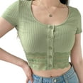 thumbnail image 2 of Seyurigaoka Women's Ribbed Knitted Short Sleeve Button-Down Lace Spliced Blouse, 2 of 9