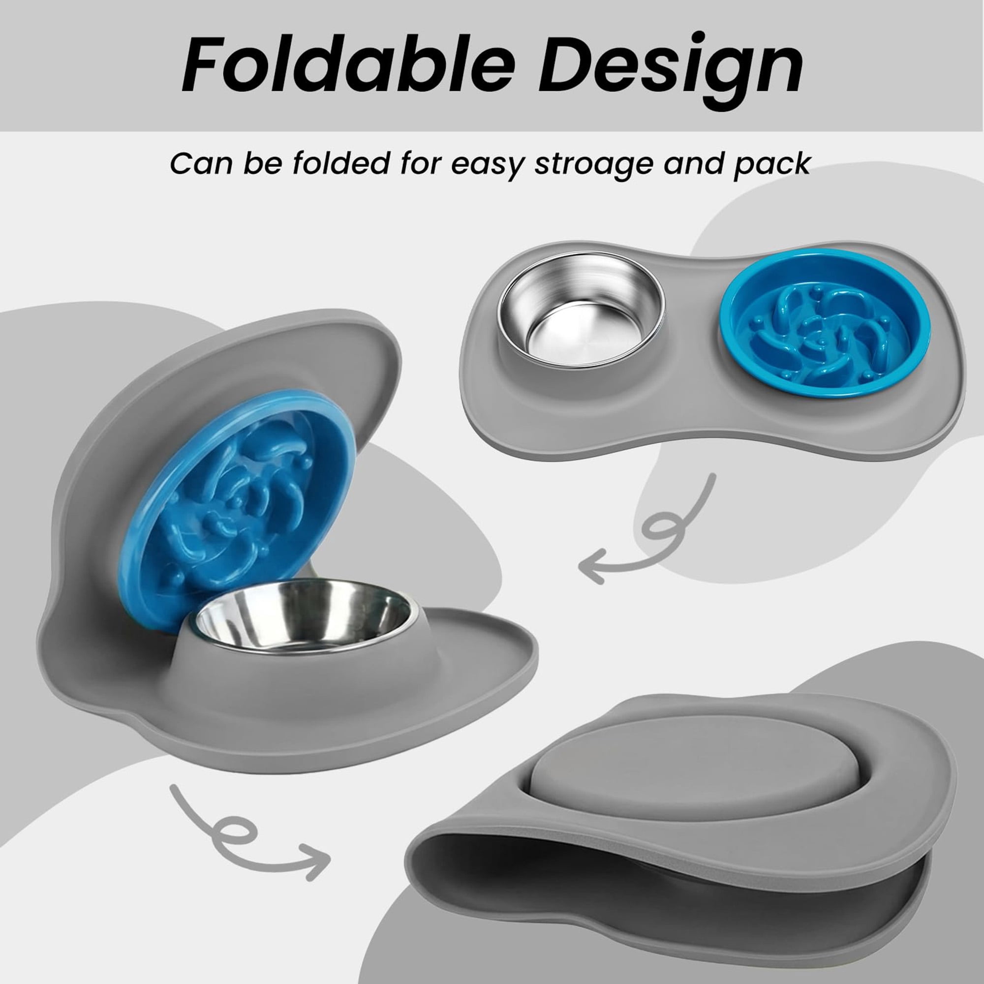 Slow Feeder Dog Bowls Stainless Steel, 3 in 1 No Spill Dog and Water Bowl Set with Non Slip Silicone Mat, Puppy Feeding Station for Large Medium Small Breeds, Gray