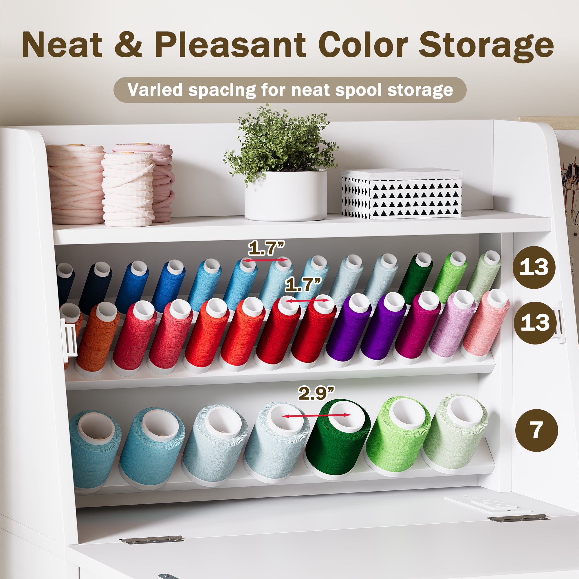 Advwin Sewing Cabinet with Foldable Tabletop, Thread Organizer Shelves, LED Light & Charging Station, Space-Saving Craft Table for Sewing, Quilting, Sewing Station for Small Spaces, White