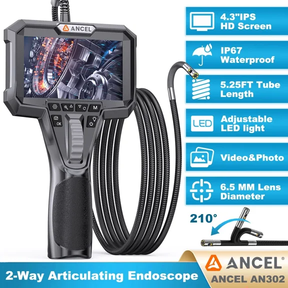 ANCEL Industrial Borescope 4.3" Snake Camera 6.5MM Endoscope, Two-Way HD Endoscope with 7 LED Lights Car Inspection Tool, IP67 Waterproof for Automotive Engine HVAC Wall and Pipe Inspection