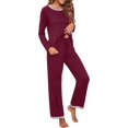 thumbnail image 3 of Pyjama à Manches Longues pour Femmes, Col Rond Doux, Rouge Vin, 3 of 5