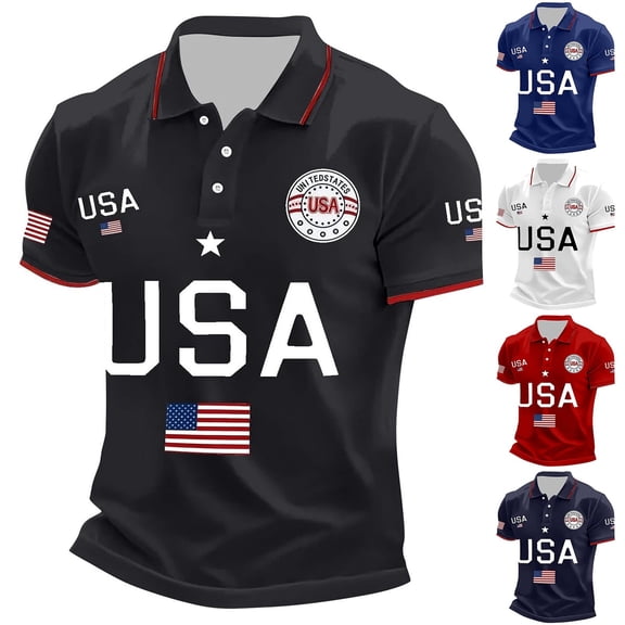 XINPING Mens 250 Anniversary USA Shirt Men’s USA Graphic Patriotic Polo Shirt, American Flag and Star Print Collared Shirt, 250th Anniversary Independence Day Short Sleeve Casual Top with Red