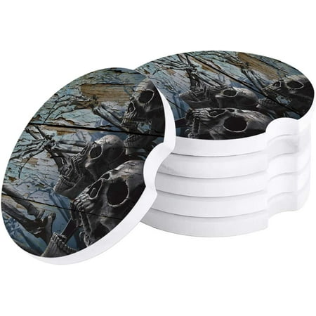 

FMSHPON Skull Vintage Wooden Grain Set of 2 Car Coaster for Drinks Absorbent Ceramic Stone Coasters Cup Mat with Cork Base for Home Kitchen Room Coffee Table Bar Decor