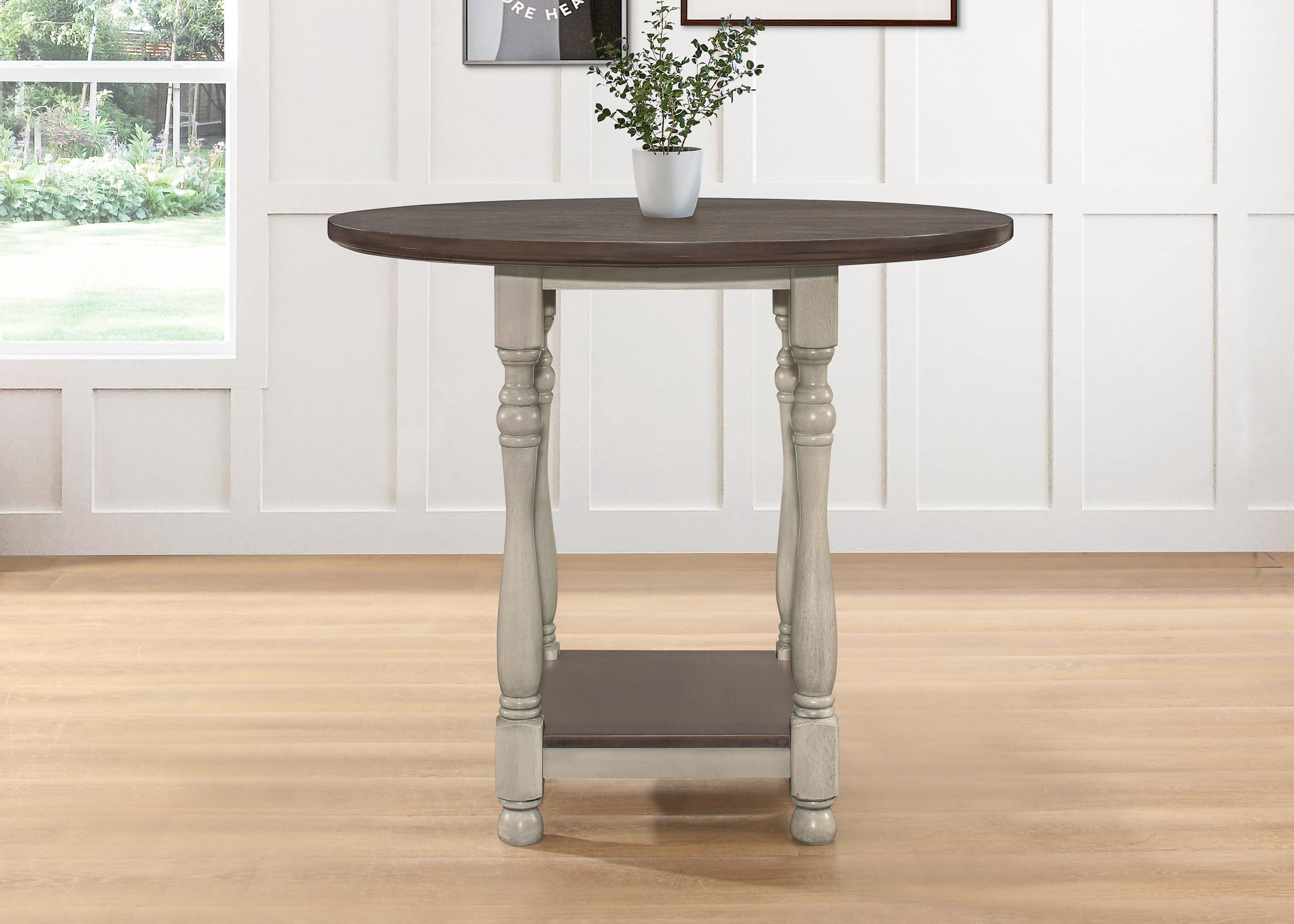 Home Design Ashley Antique Gray/Taupe Round Counter Table with Square Storage Shelf, Turned Legs, Two-Tone Design, Traditional Style, Durable Wood Construction, Space-Saving Design
