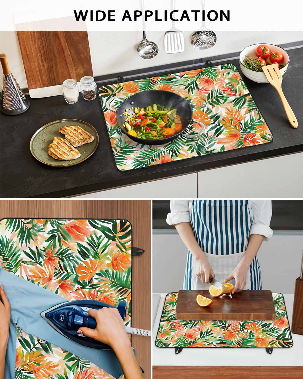 nqOlkjepod Large Induction Cooktop Protector Mat 36"x21", Orange Green Tropical Leaves Stove Top Covers for Electric Stove, Summer Palm Floral Stove Burner Cover Mats, Glass Top Stove Cover