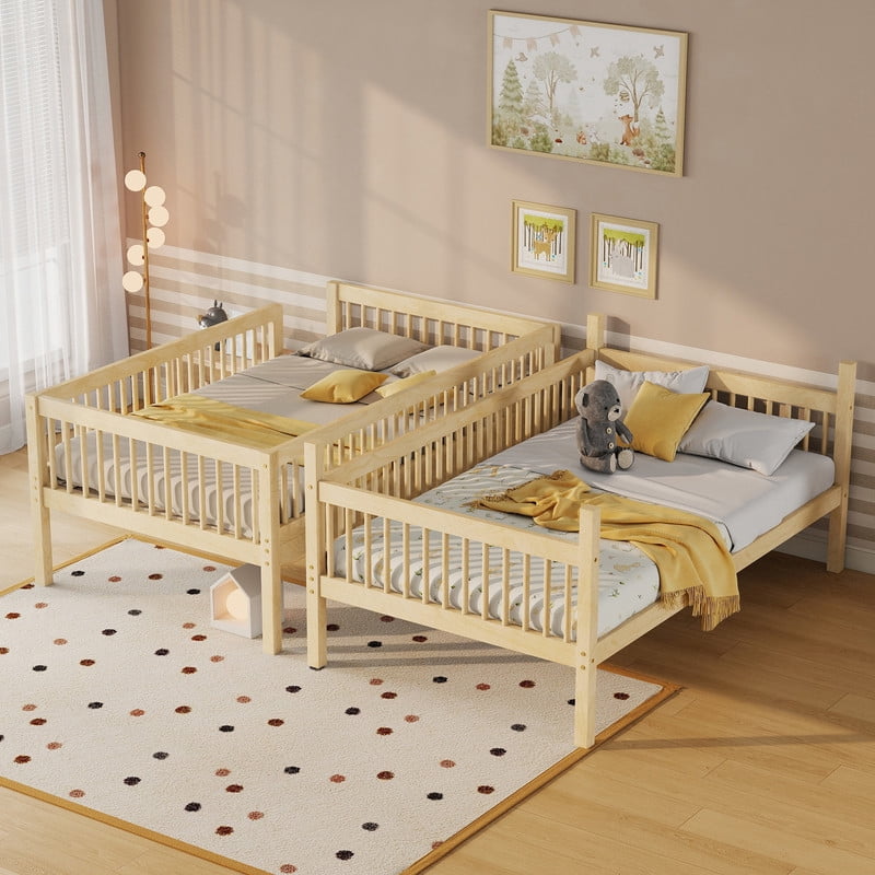 Twin-Over-Twin Size Convertible Kids Bunk Bed into 2 Platform Beds, Teens Wood Bed Frame with Ladder and Safety Guardrails
