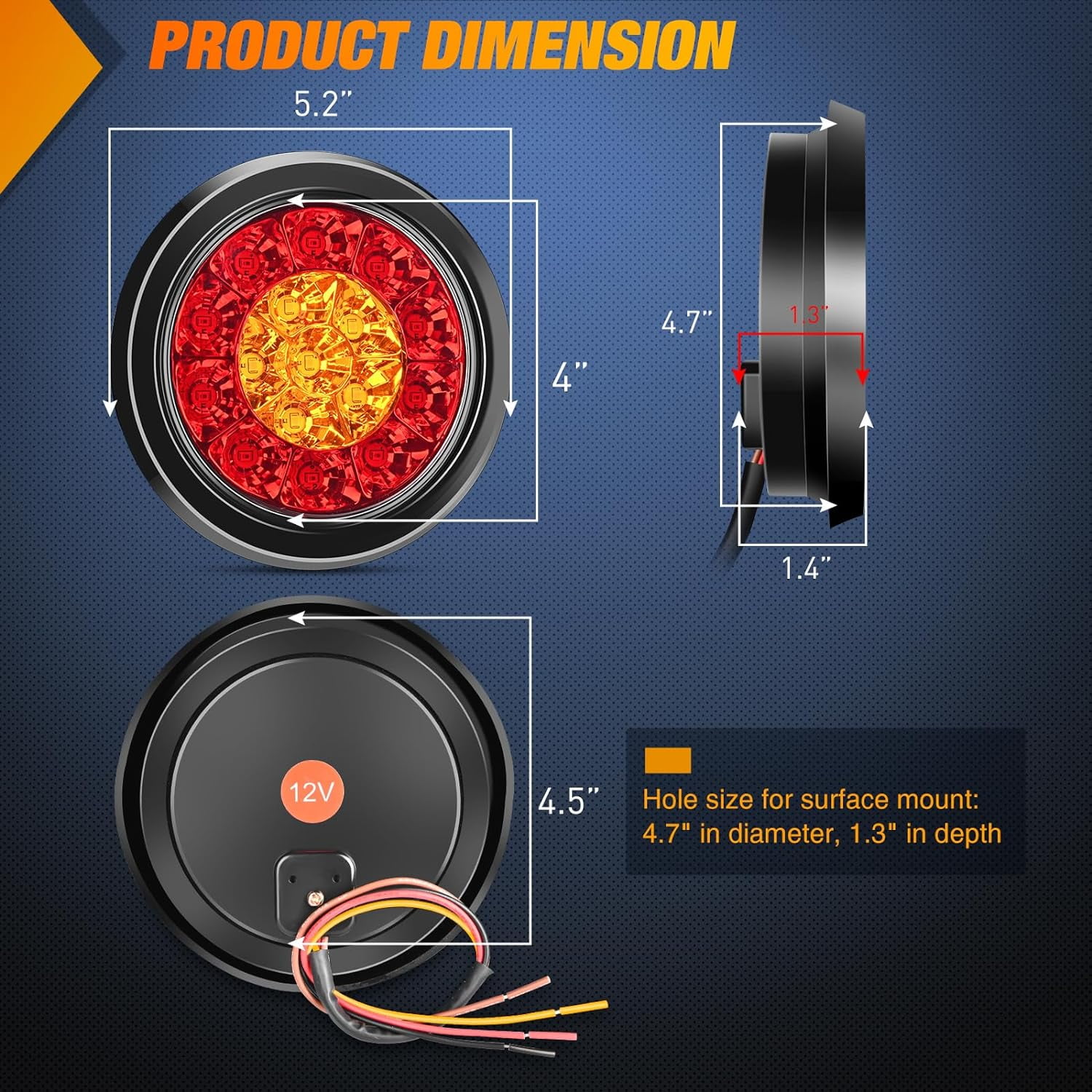 Nilight 2PCS 4 inch Round Red Amber LED Trailer Tail Lights 16LEDs w/Flush Mount Grommet IP67 Waterproof Stop Brake Turn Signal Running Tail Light for Trucks Trailer RV