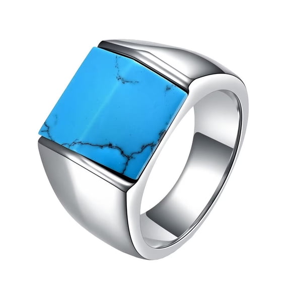 PAMTIER Unisex Stainless Steel Vintage Simple Geometry Fold Square Cut Simulated Turquoise Gemstone Biker Ring Wedding Band Silver Size 7