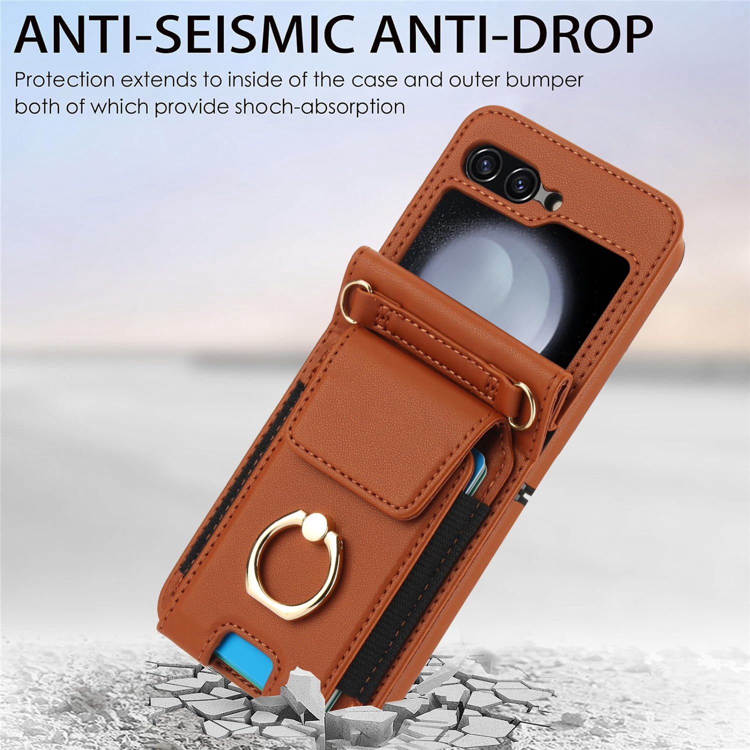 for Motorola Razr 60/Razr 2025 Case, Retro PU Leather Shockproof Protection Phone Case Wallet Built in Credit Card Slots Flip Cover Finger Ring Stand with Long Strap + Short Strap, Brown