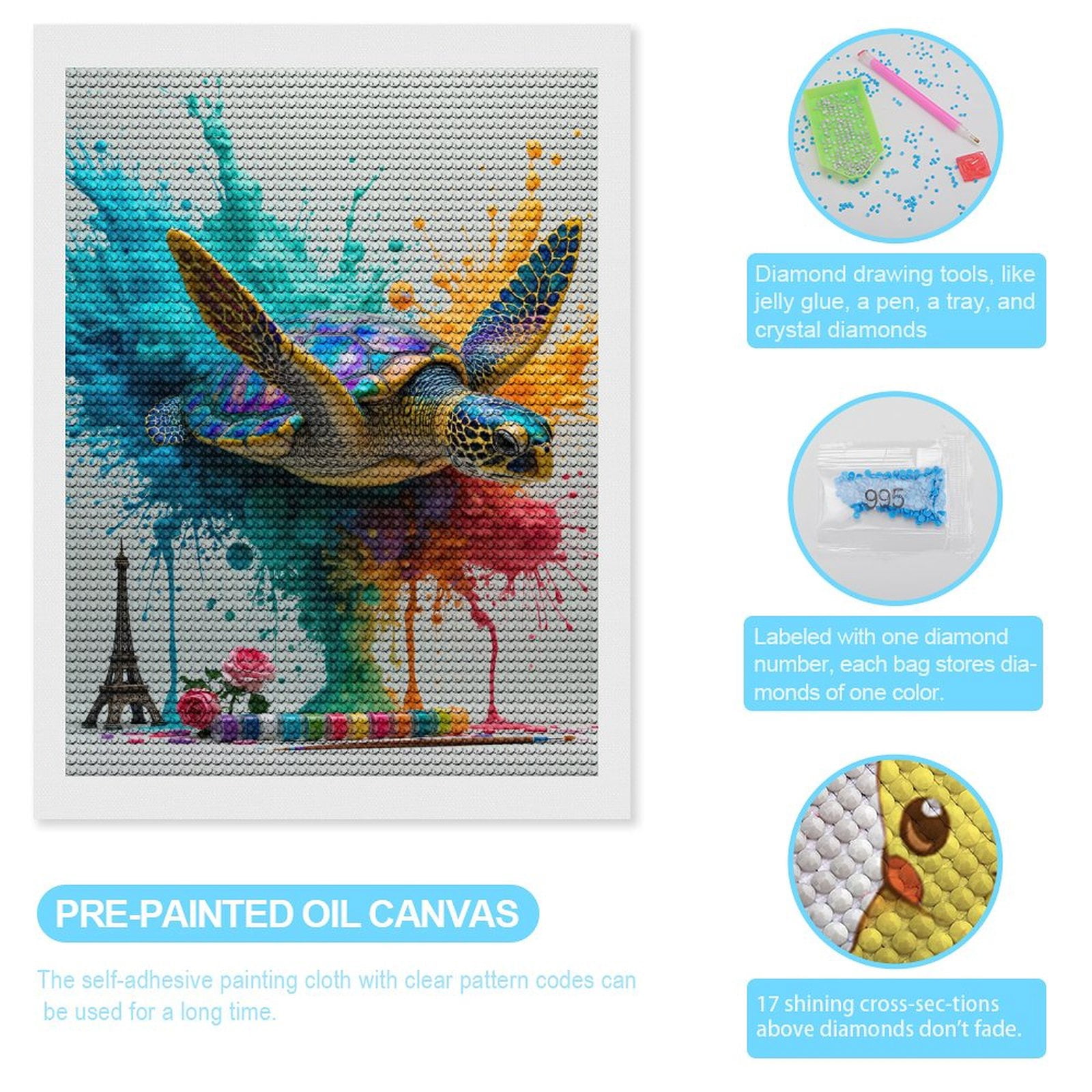 Diamond Art Kits for Adults, Sea Turtle Artistic Color Splash 5D Diamond Painting Kits for Adults Beginners, DIY Full Drill Diamond Painting, Gem Art and Crafts 12x16