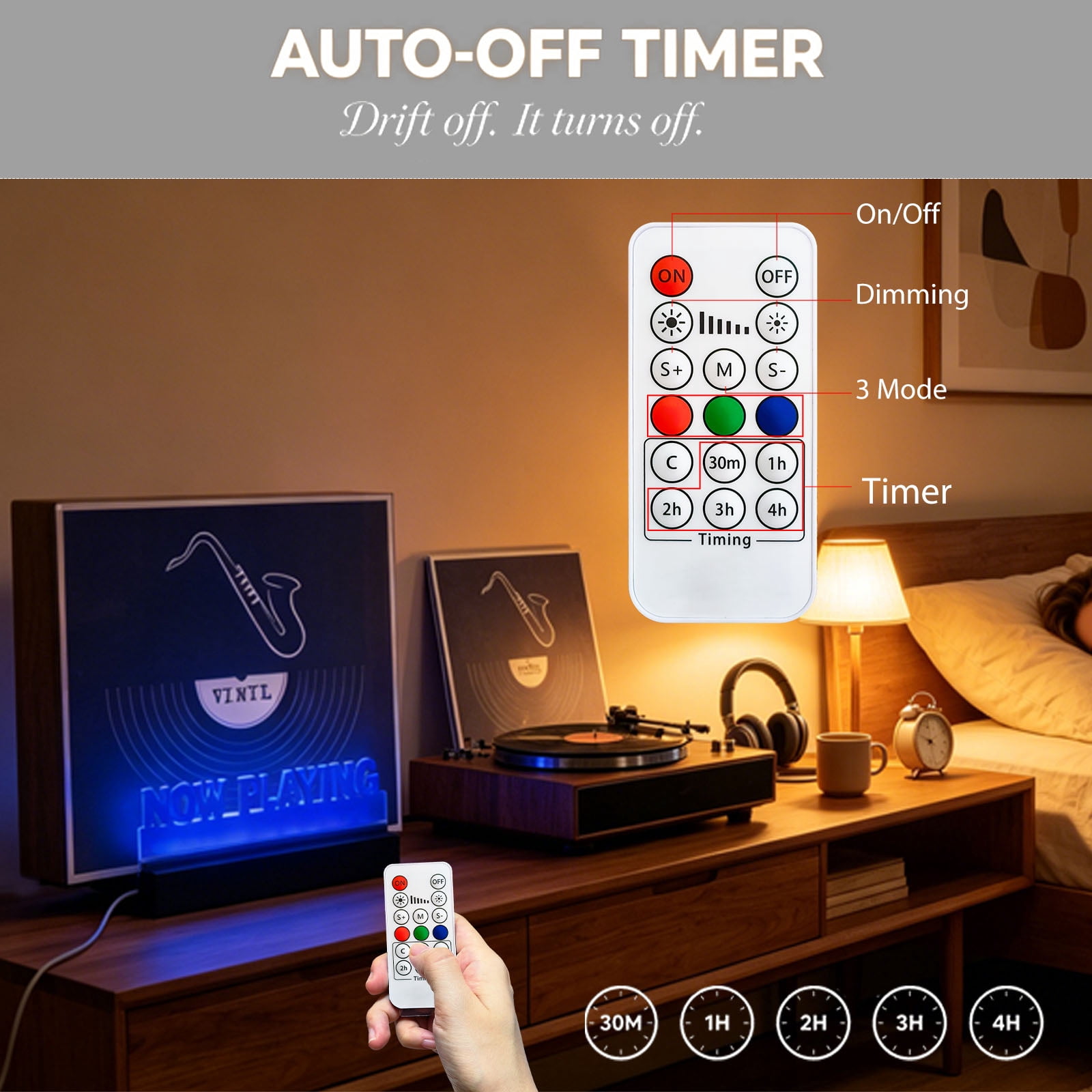 Now Playing Vinyl Stand 7 Color Change Switch Remote Control Dimming Timer USB Charge Retro Wooden Base Acrylic Panel Record Album Collection Display LED Night Light Desk Lamp Decoration