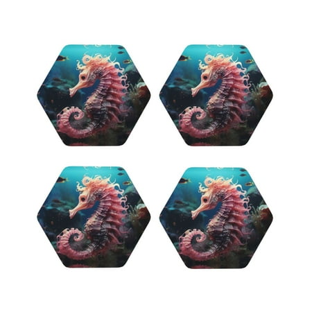 

Leather Coasters Set of 4 - Ocean Pink Seahorse Lightweight Non-Slip Drink Coasters for Desk Anti-Scalding Desk Cup Coasters for Office Table Decor Hexagon