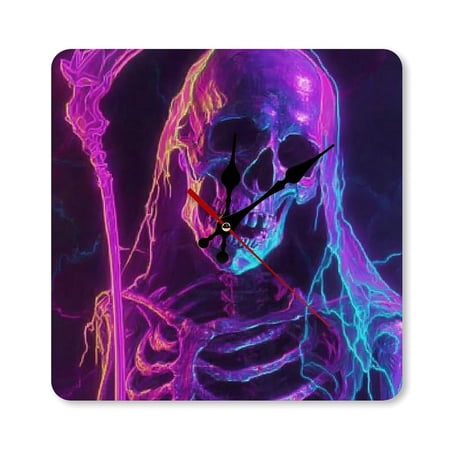 RKSupls 10 × 10 inch Neon Skull Reaper Cyber Square Unmarked Wall Clock Silent Non Ticking Home