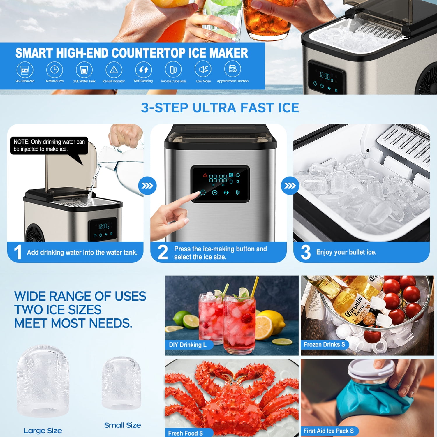 Ice Maker Countertop 28 lbs/24 hrs Capacity Bullet Ice